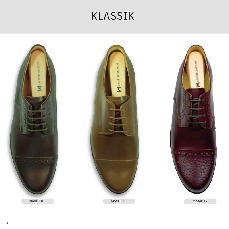 Katalogseite „Klassik“ mit sechs Herrenschuhen aus Leder