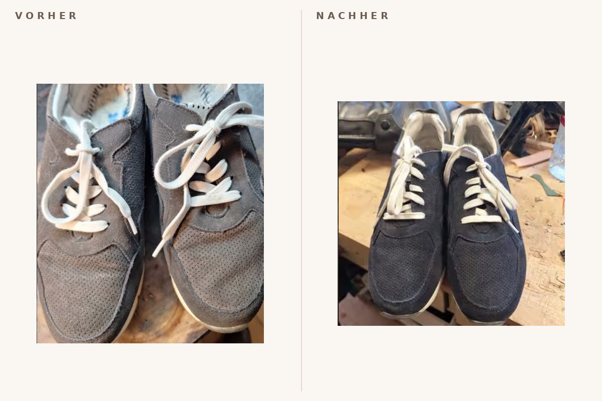 Ausgeblichene Wildleder-Sneaker, daneben dieselben Schuhe nach der Farbauffrischung