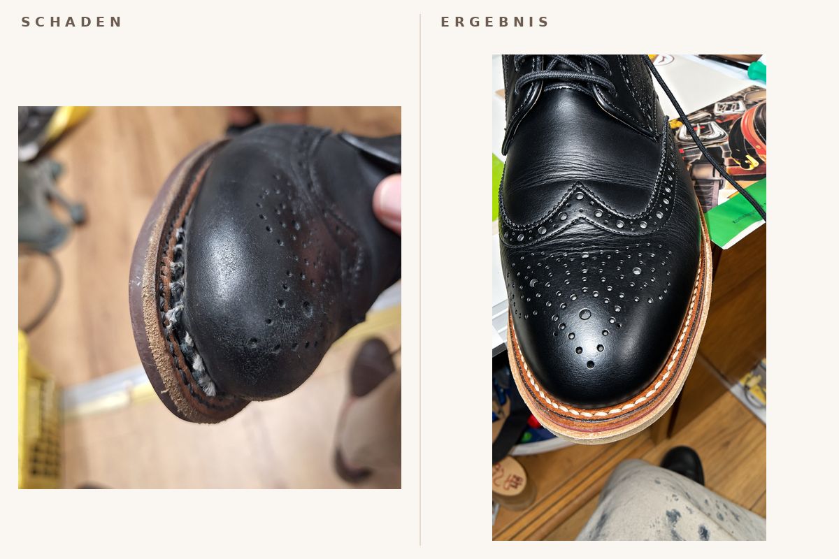 Schuh mit aufgegangener Naht am Absatz, daneben der fertig von Hand vernähte Schuh