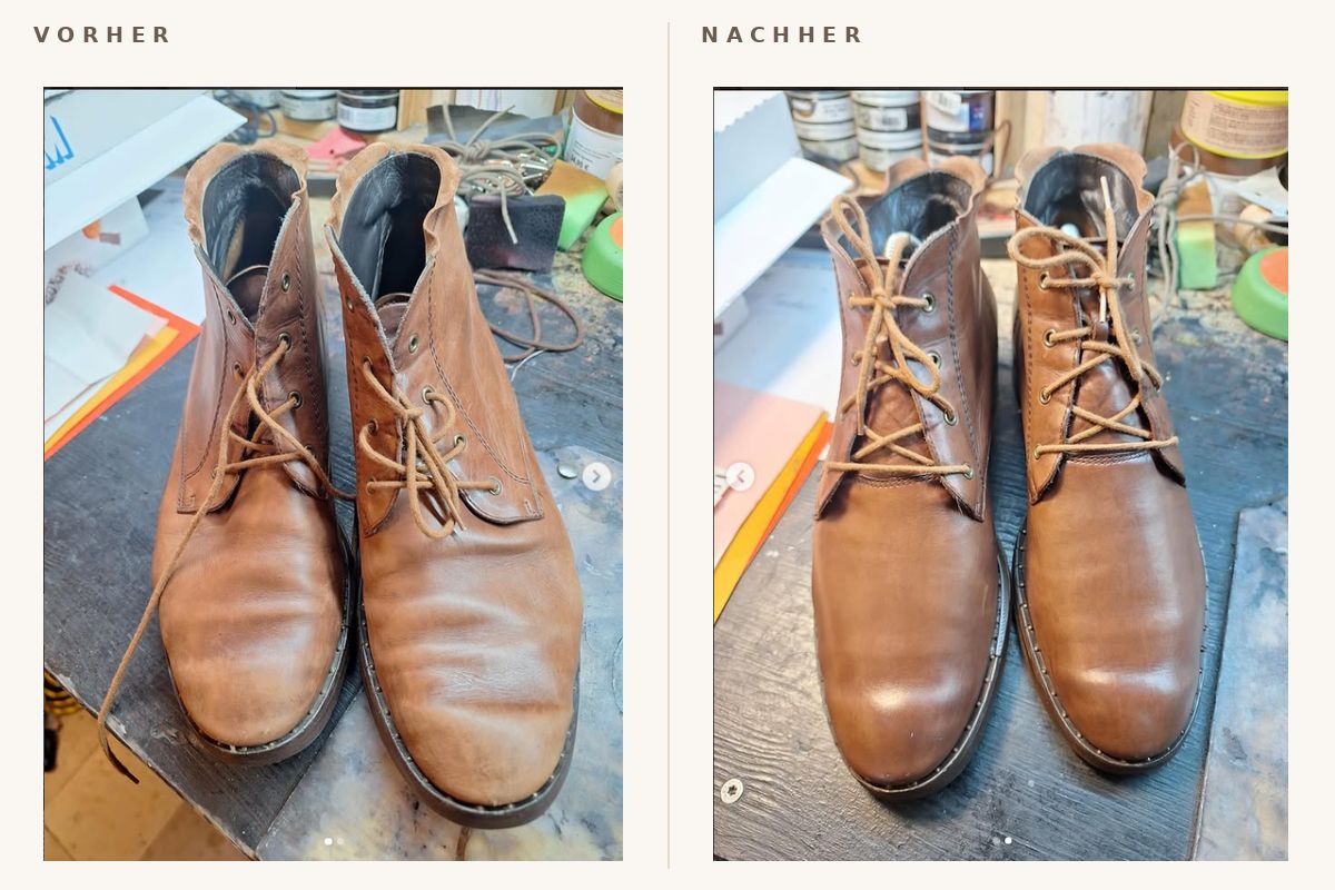 Abgetragene Lederstiefeletten vor und nach der Aufarbeitung