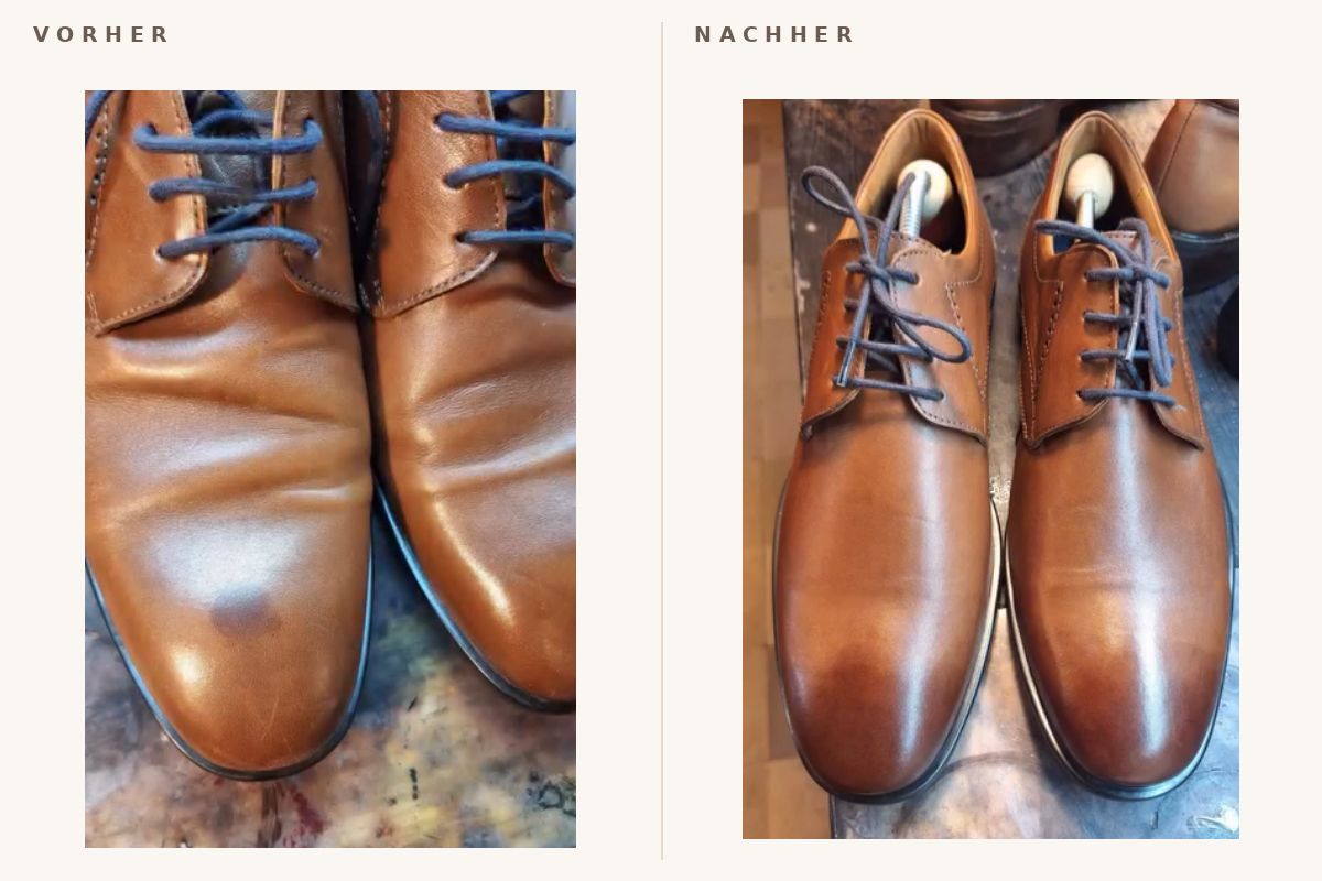 Braune Lederschuhe matt und abgetragen, daneben dieselben Schuhe aufgearbeitet und glänzend