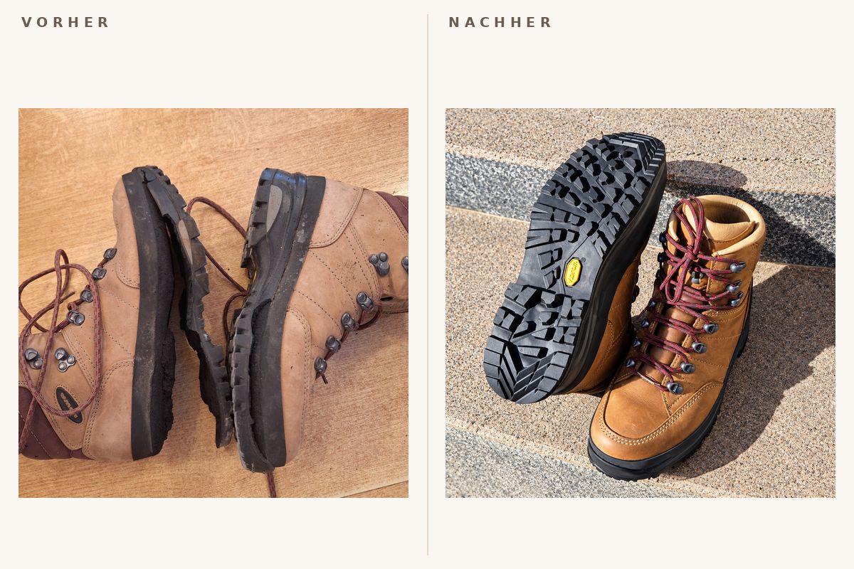 Wanderschuh mit gelöster Sohle, daneben derselbe Schuh mit neuer Vibram-Sohle