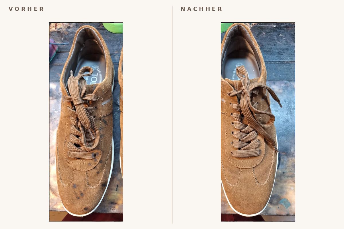 Wildleder-Sneaker mit Flecken, daneben derselbe Schuh gereinigt